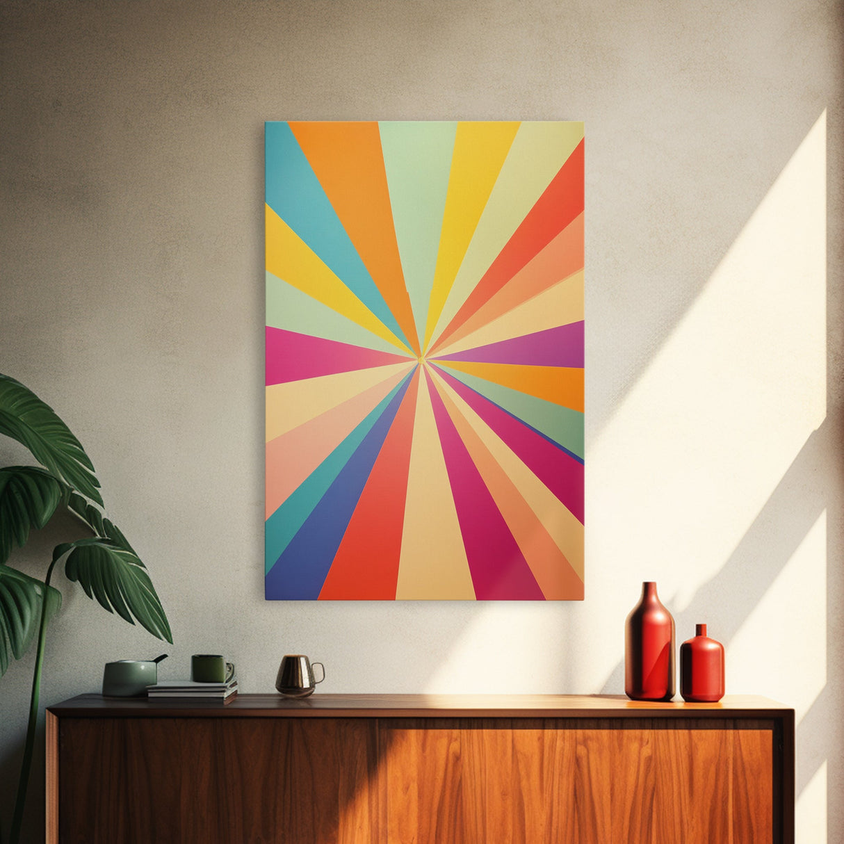 Carmine Pink, Sunglow Yellow, Mint Green and Deep Saffron Mid-Century Modern Abstract Wall Art, Canvas Print, Retro Boho Decor