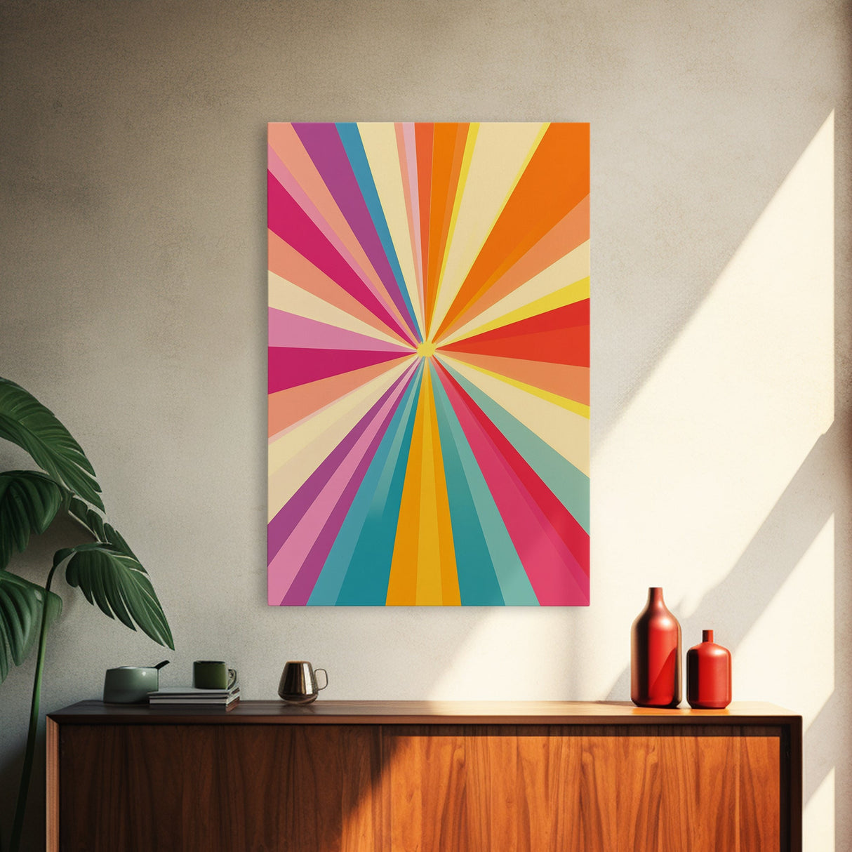 Tahiti Gold, Light Tan, Carmine Pink and Teal Wall Art, Framed Canvas Print, Beautiful MCM Inspired Boho Decor, Geometric Wall Art