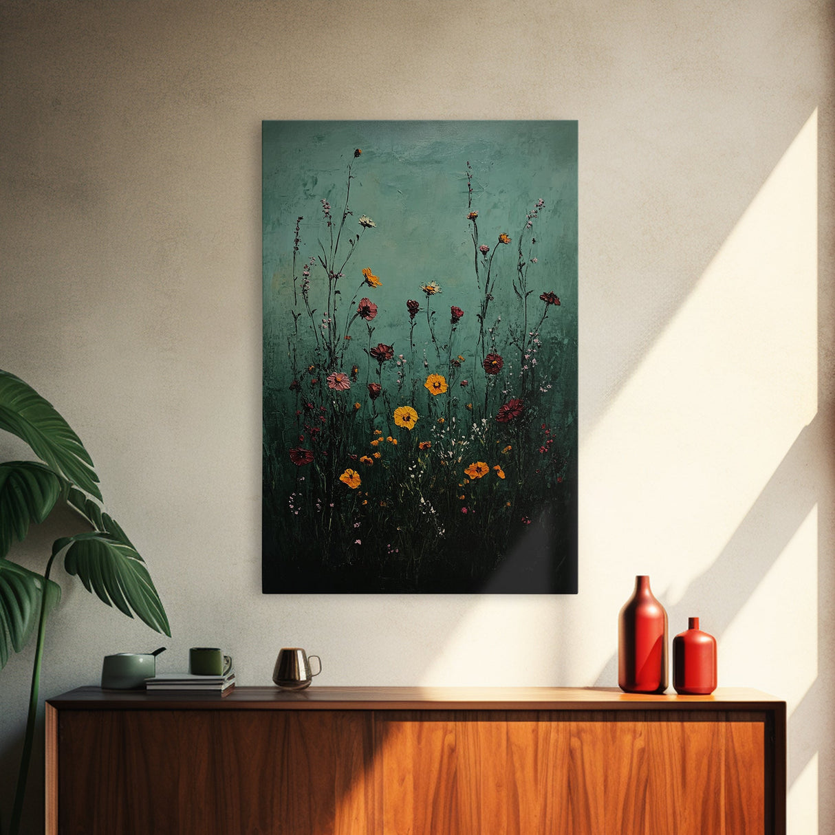 Moody Wild Flowers Print, Framed Canvas, Boho Decor, Wildflowers in a Rain Storm, Modern Farmhouse, Rustic Decor