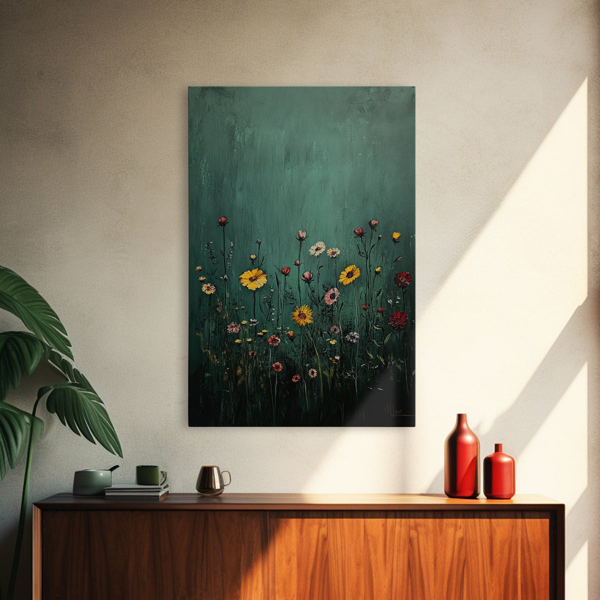Wildflower Print, Oil Painting Flower Canvas Print Boho Botanical Wall Art, Dark and Moody Home Decor, Minimalist Bouquet