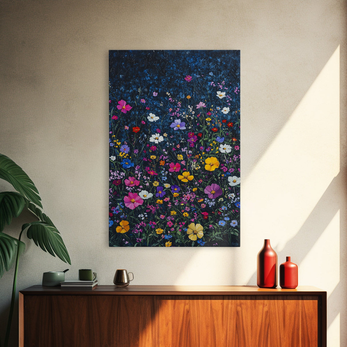 Purple, Pink and Yellow Wild Flowers, Boho Farmhouse Canvas Print, Wood Framed Modern Art, Flower Still Life, Aesthetic Room Decor, Botanical
