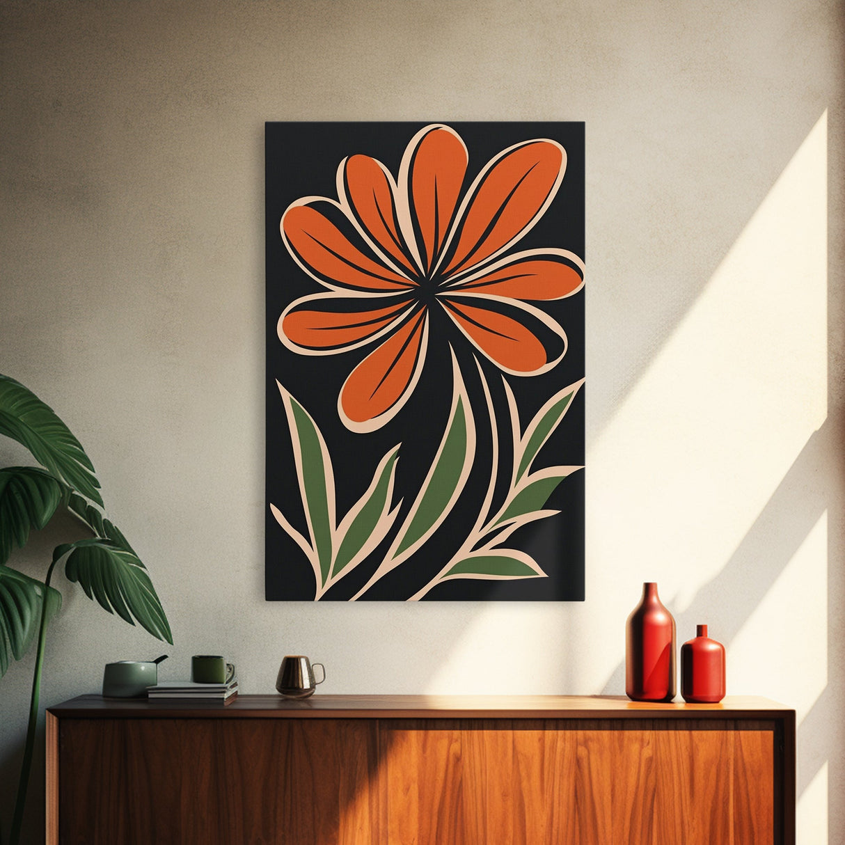 Framed Canvas Wall Art Abstract Botanical Floral Print, Boho Mid-century Modern Floral Canvas Print, Minimalist Boho Modern Art