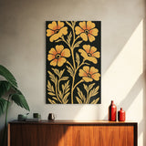 Framed Canvas Wall Art Botanical Print, Yellow Flowers on Black background, Wildflowers, Botanical Floral Modern Art, Boho Decor