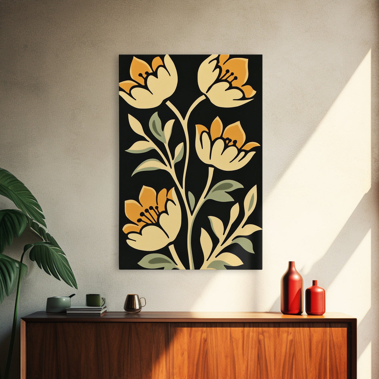 Floral Framed Canvas Wall Art Flower Print, Wood Framed Boho Modern Wall Art Boho Wall Decor Living Room Wall Art