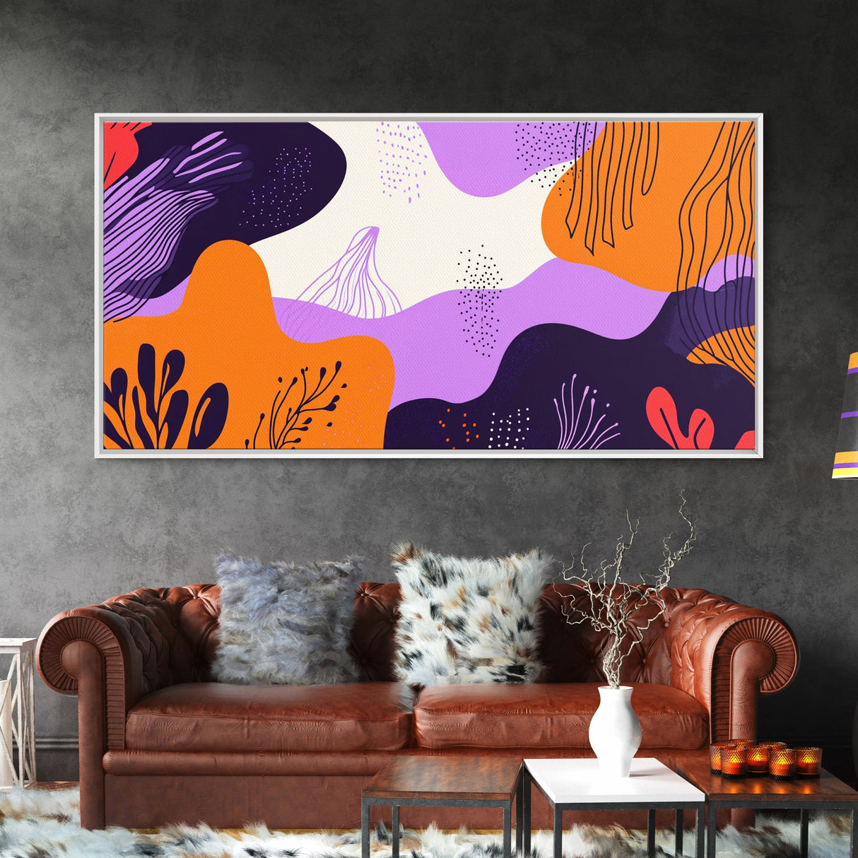 Purple And Orange Preppy Wall Art Framed Canvas Print, Retro 90s Style Wall Art