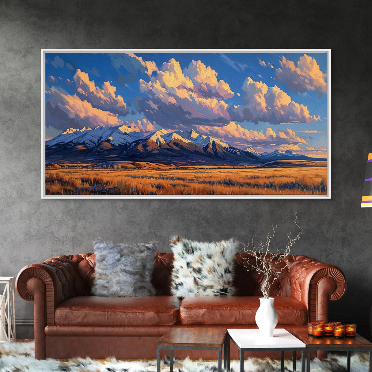 Sunset Over The Mountains Framed Canvas Print, Panoramic Art, Large Format Horizontal Panoramic Wall Art
