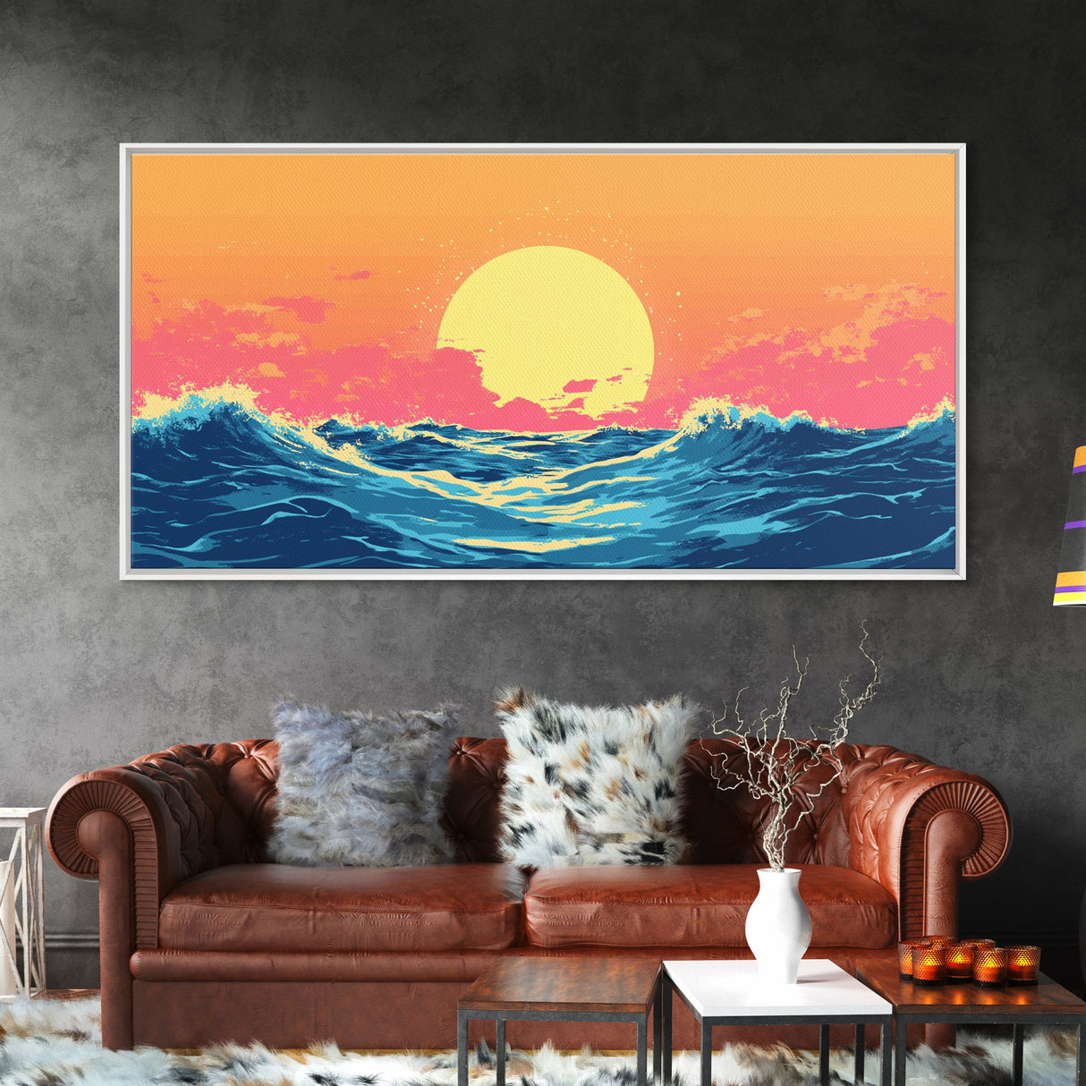 Vaporwave Sunset Over Ocean Waves Framed Canvas Print, Retro Vibes Wall Art
