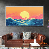 Vaporwave Sunset Over Ocean Waves Framed Canvas Print, Retro Vibes Wall Art