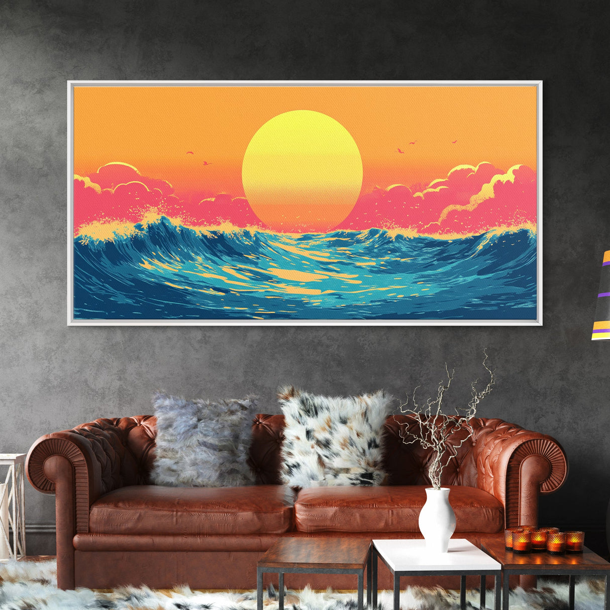 Retro Sunset Over The Ocean, Framed Canvas Print, Beautiful Synthwave Horizontal Wall Art