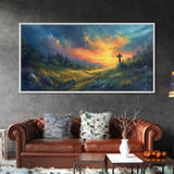 Painting Of a Cross in A Beautiful Landscape Christian Wall Art Framed Canvas Print