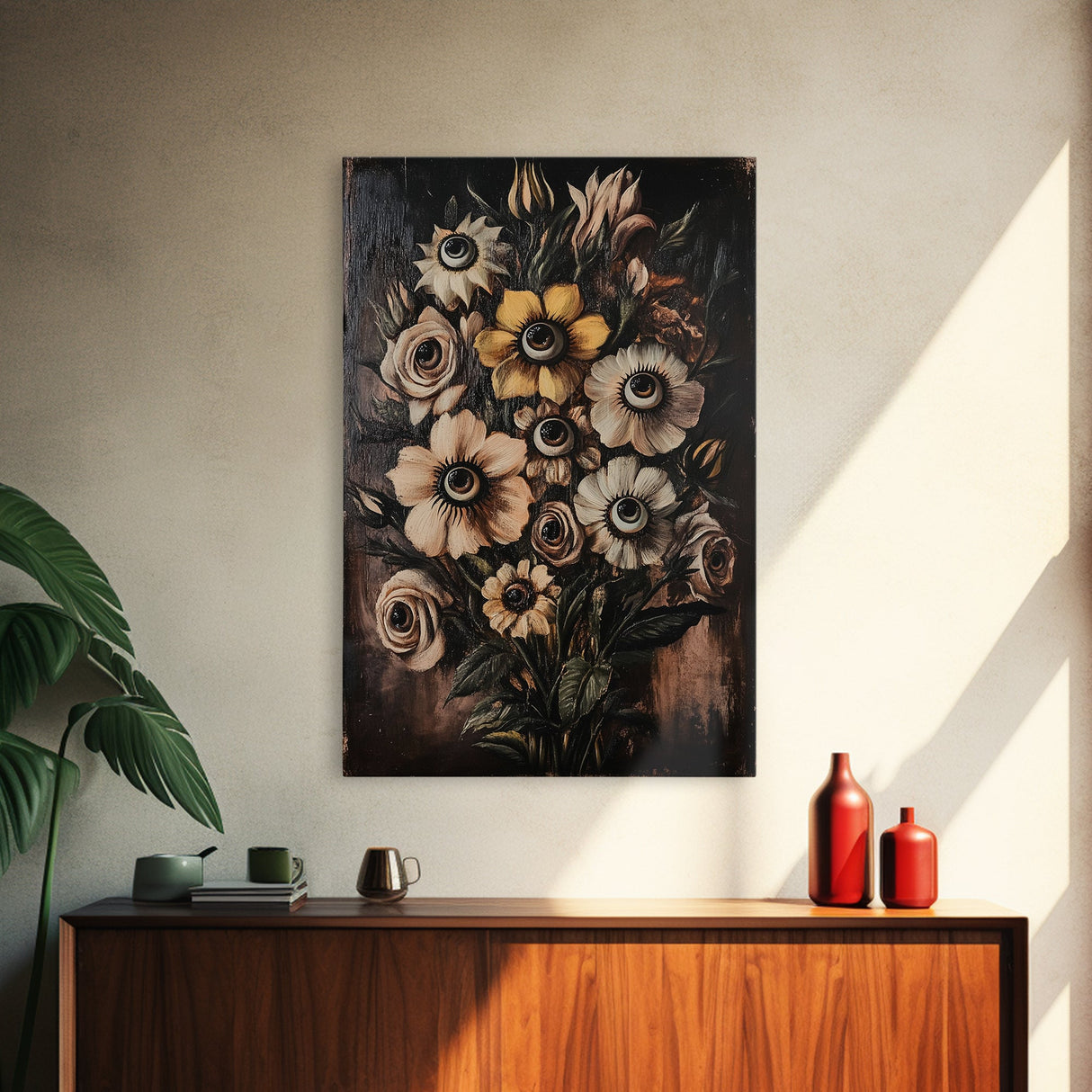 Macabre Halloween Decor, Creepy Flowers With Eyes Canvas Print, Dark Academia Wall Art, Surreal Spooky Gothic Decor, Witchy Art