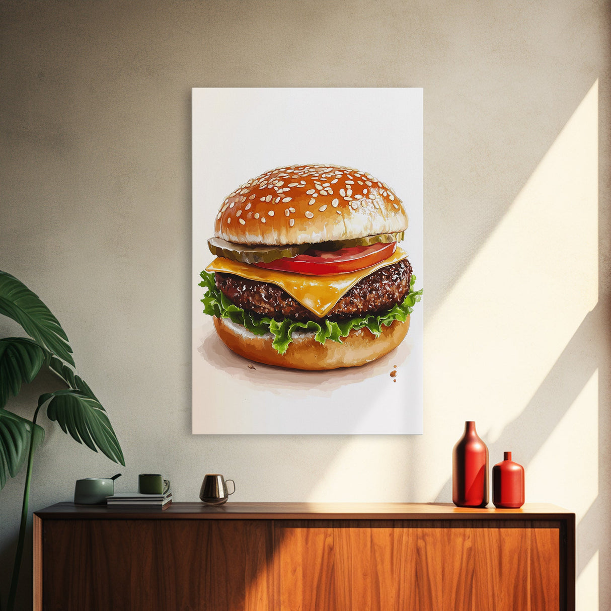That's a Big Burger, Framed Canvas Print, Wall Art For Kitchen or Dining Room