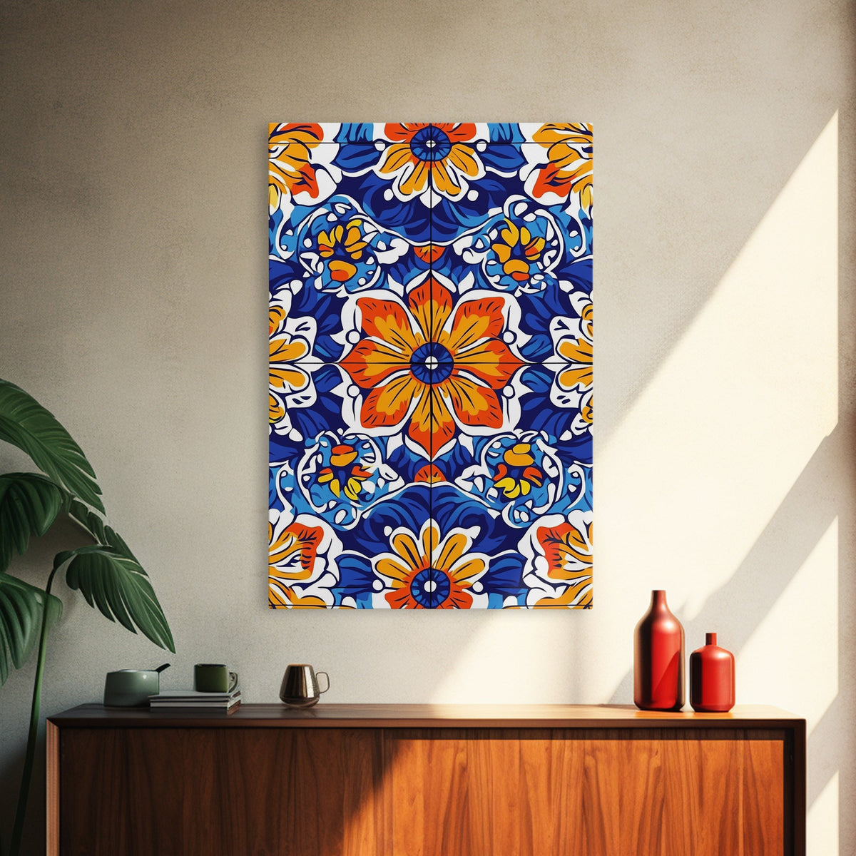 Textile Pattern Wall Art Framed Canvas Print, Home Decor, Mexican Tile Print, Mexicano Pueblo Wall Art