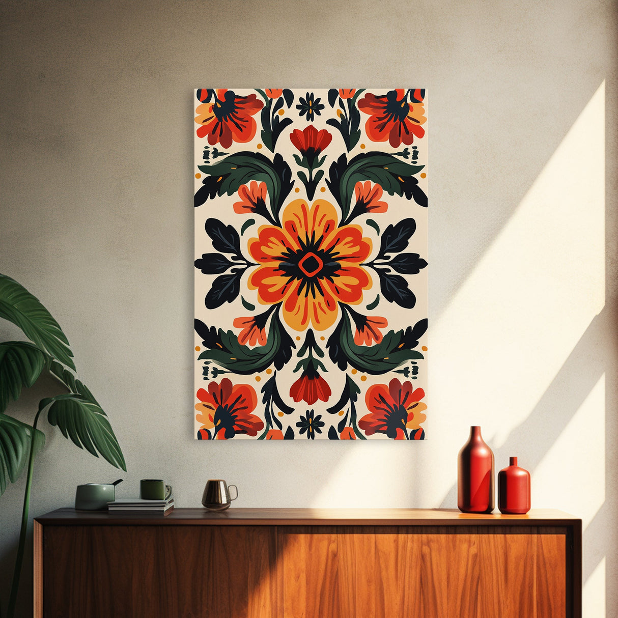 Floral Pattern Canvas Print, Mid-Century Modern Style Abstract Art, Botanical Print, Modern Flower Art Print