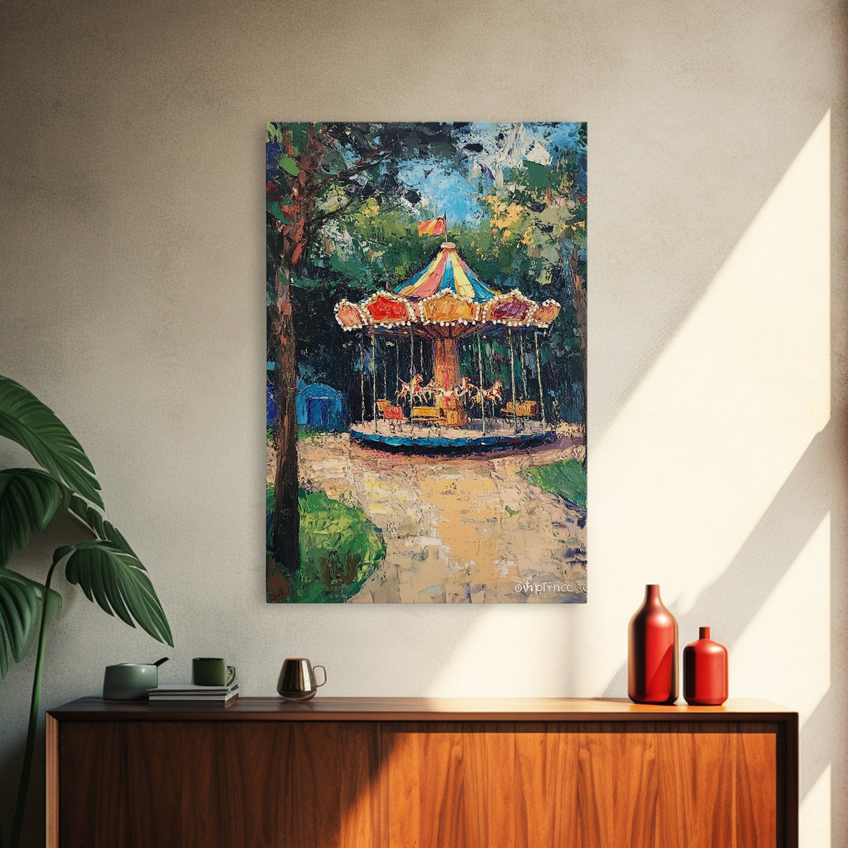 Carrousel Wall Art Framed Canvas Print, Oil Painting Carrousel, Circus Decor, Nursery Decor, Kid's Room Wall Art
