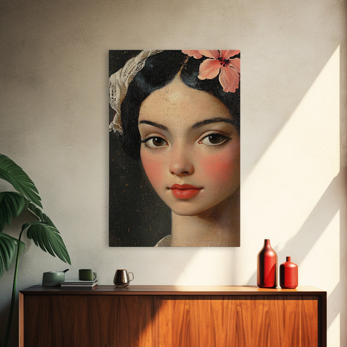 Chicano Portrait of Beautiful Senora, Vintage Style Framed Canvas Print, Mexicana Wall Art