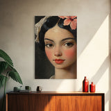 Chicano Portrait of Beautiful Senora, Vintage Style Framed Canvas Print, Mexicana Wall Art