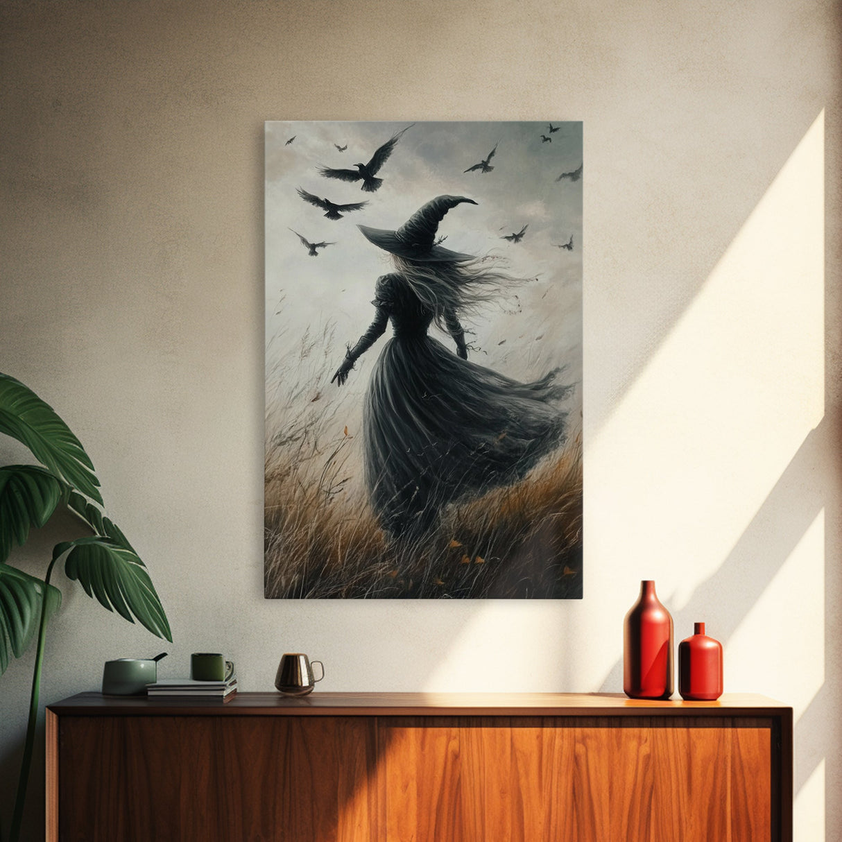 The Witch and her Ravens, Framed Canvas print, Spooky Season Halloween Wall Art, Gothic Home Decor, Witch Wall Art, Halloween Art