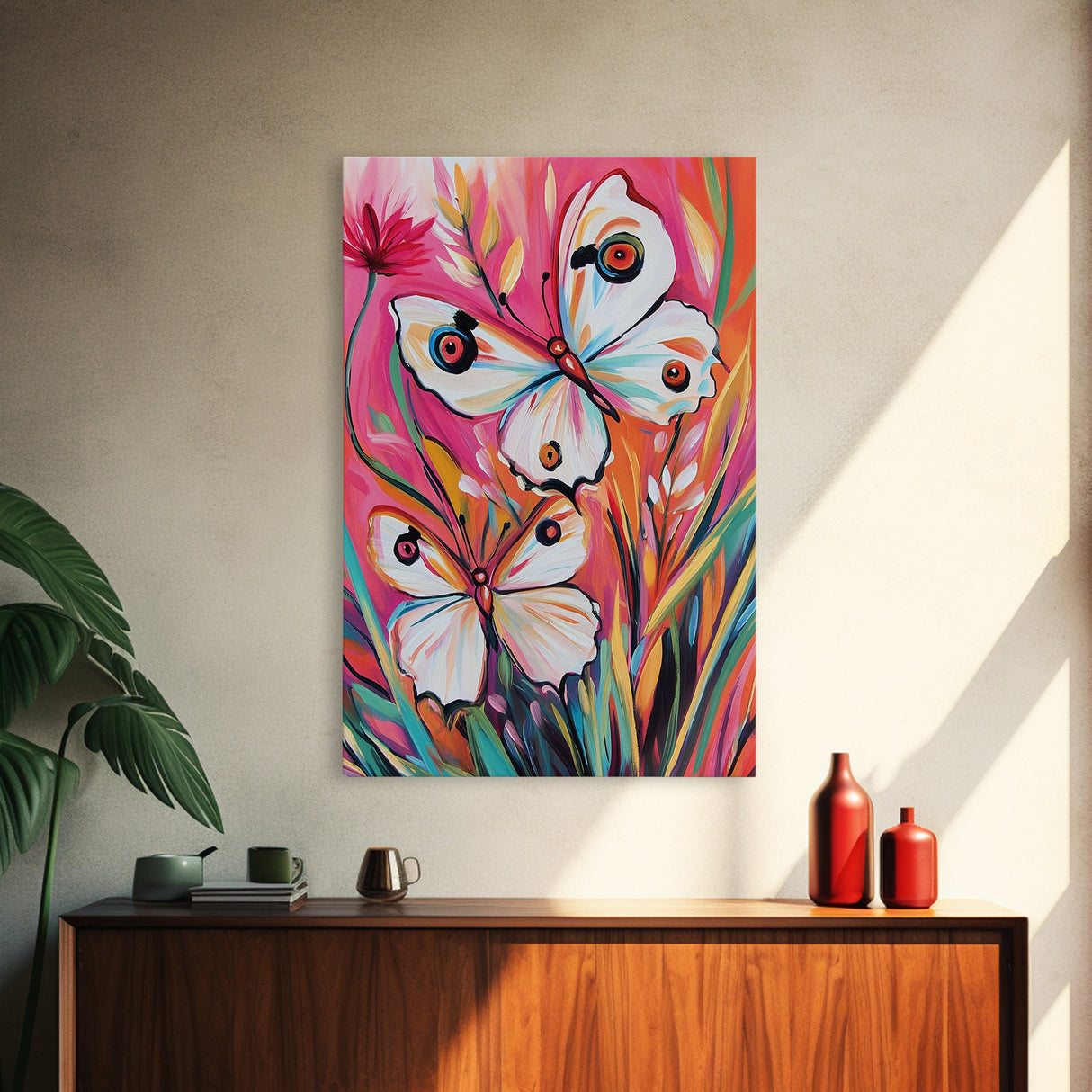 Abstract Painting Print of White Butterflies on Pink Background, Home Decor, Preppty Wall Art, Framed Canvas Print