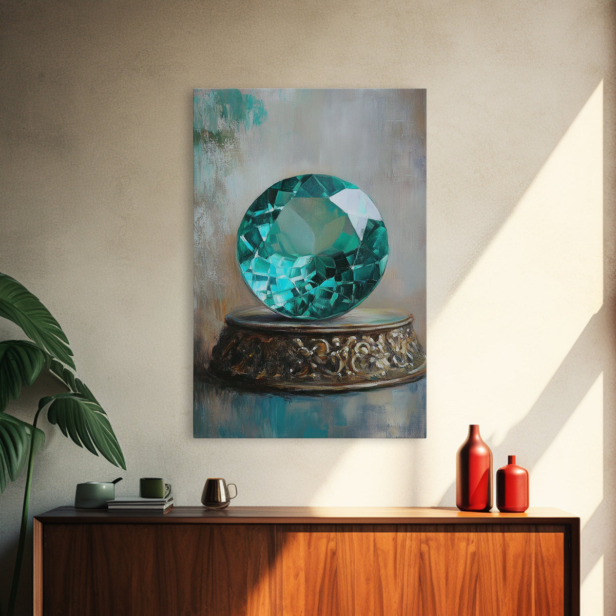 Emerald Painting Print, Framed Canvas Print, Gemstones Wall Art, Precious Stone Painting, Green Gem, Ruby Painting, Antique Minerals Art