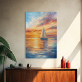 Oil Painting Print of a Sailboat At Sunset, Framed Canvas Print, Nautical Decor, Nautical Nursery, Nautical Wall Art, Beach House or Lakehouse Art