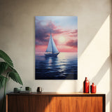 Vaporwave Sail Boat at Sunset, Framed Canvas Print, Retro Sail Boat Painting