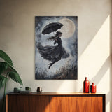 Witch Flying with an Umbrella, Framed Canvas Print, Witchy Decor, Halloween Wall Art, Goth Art, Dark Academia