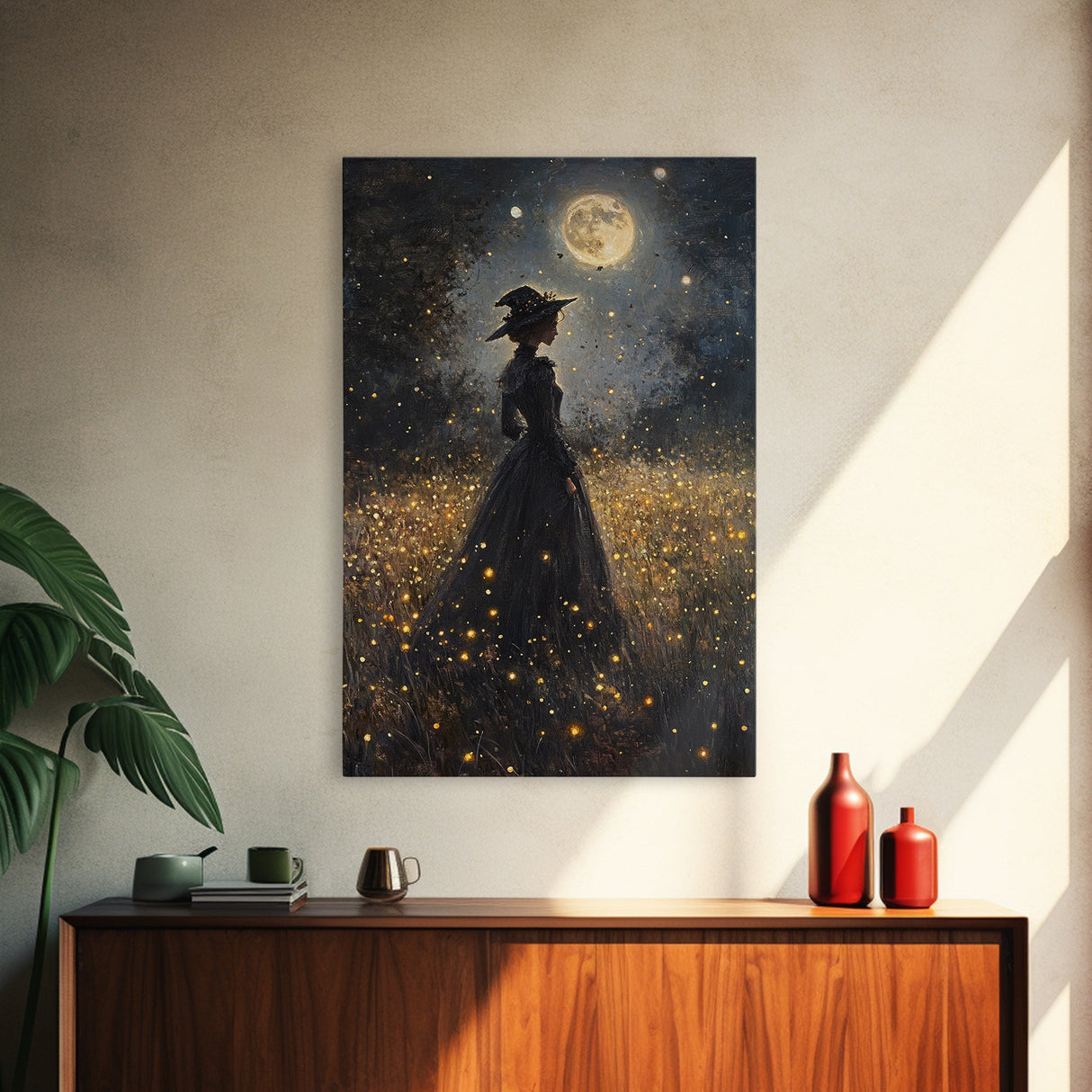 Witch Under a Full Moon Framed Canvas Print, Vintage Art Prints, Dark Academia, Witchy Gifts, Halloween Prints, Gothic Wall Art