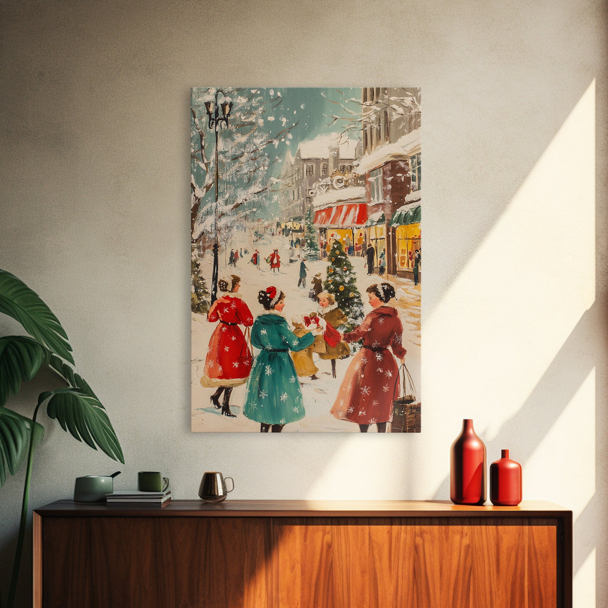 Winter Wall Art Christmas Canvas Print - 1950s Style Post Card Art - Christmas Decor - Christmas Shoppers In The Streets - Christmas Village Art