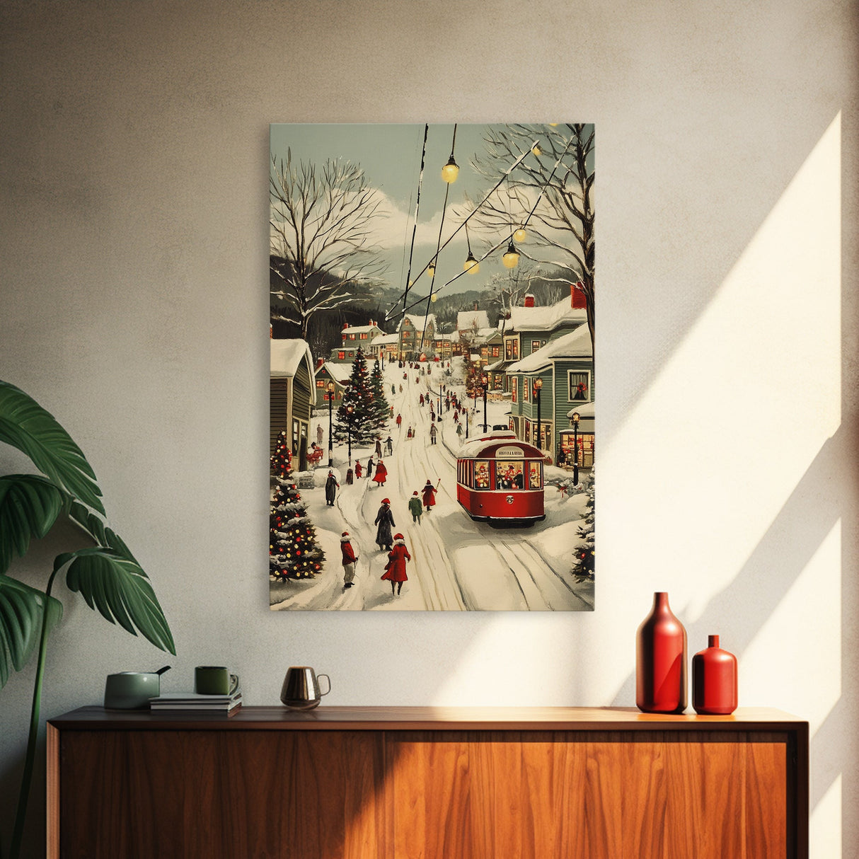 Vintage Christmas Trolley Painting Print, Framed Canvas Art, Christmas Village Wall Art