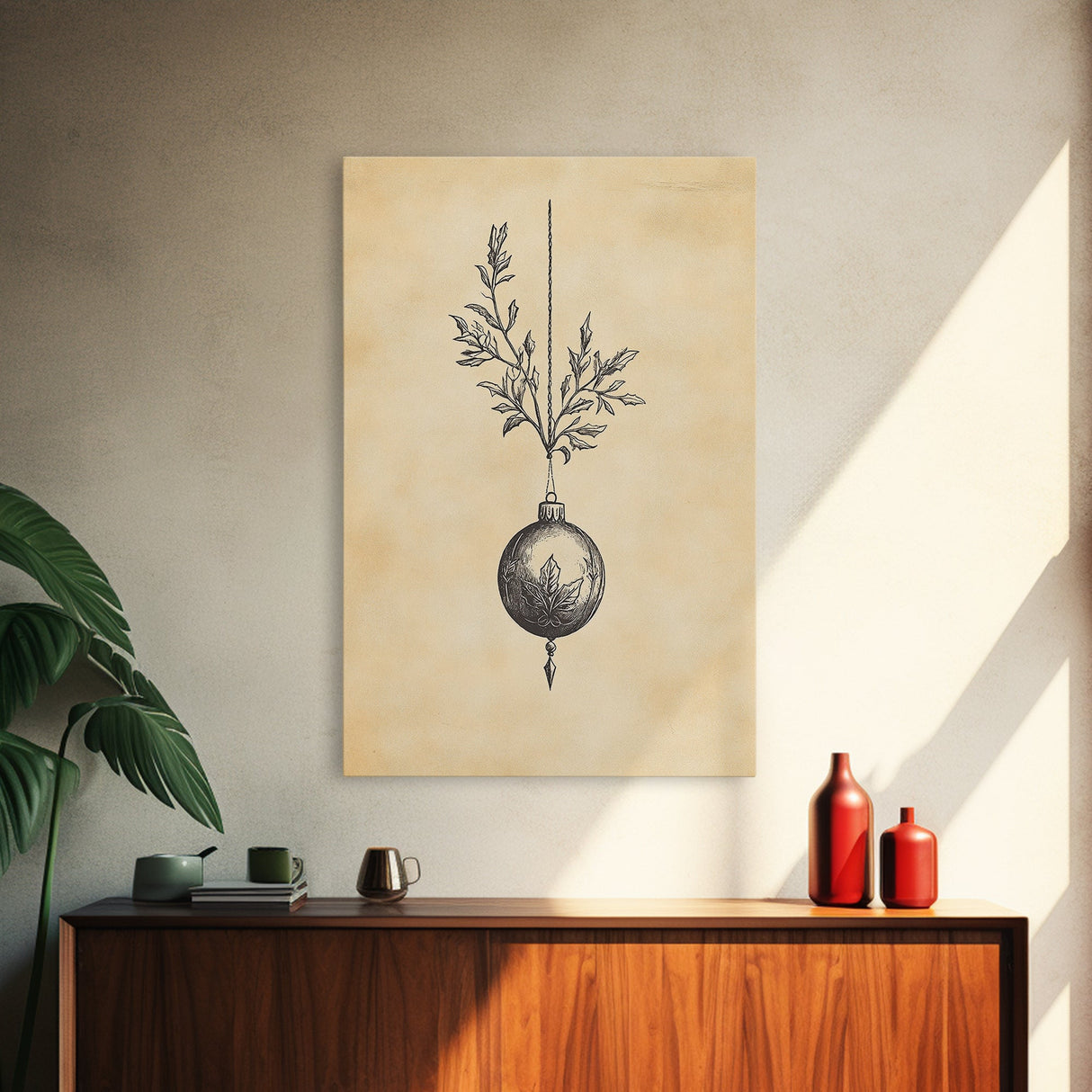 Christmas Tree Ornament Painting Print, Boho Christmas Wall Art, Framed Canvas