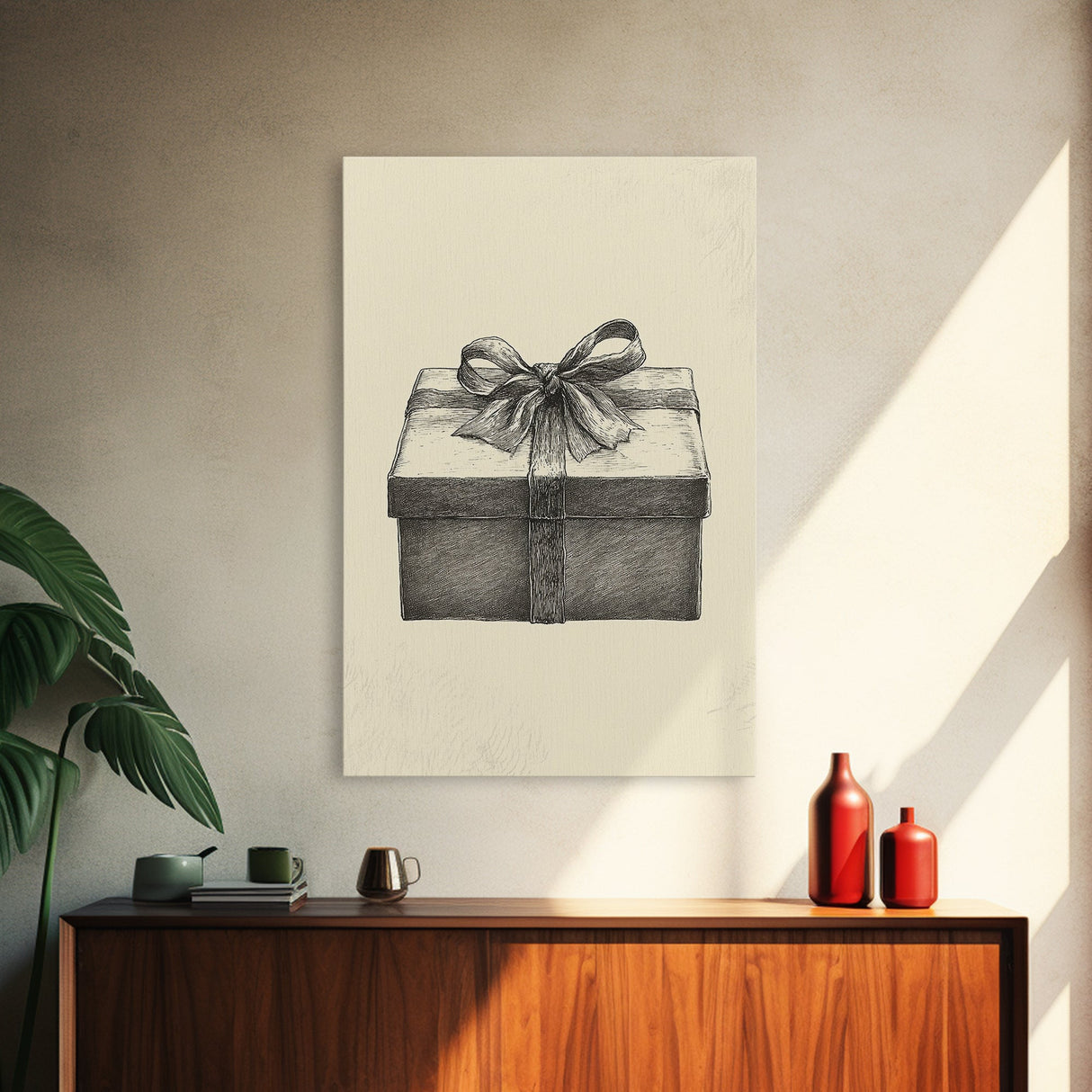 Sketch of A Christmas Gift Canvas Print - Framed Canvas - Minimalist Christmas Art - Boho Christmas Art - Rustic Christmas Art