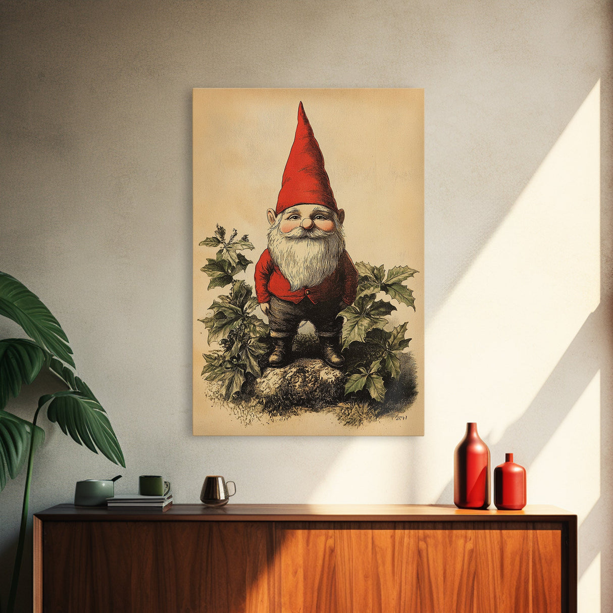 Painting of a Gnome Canvas Print - Framed Canvas - Minimalist Christmas Art - Boho Christmas Art - Rustic Christmas Art