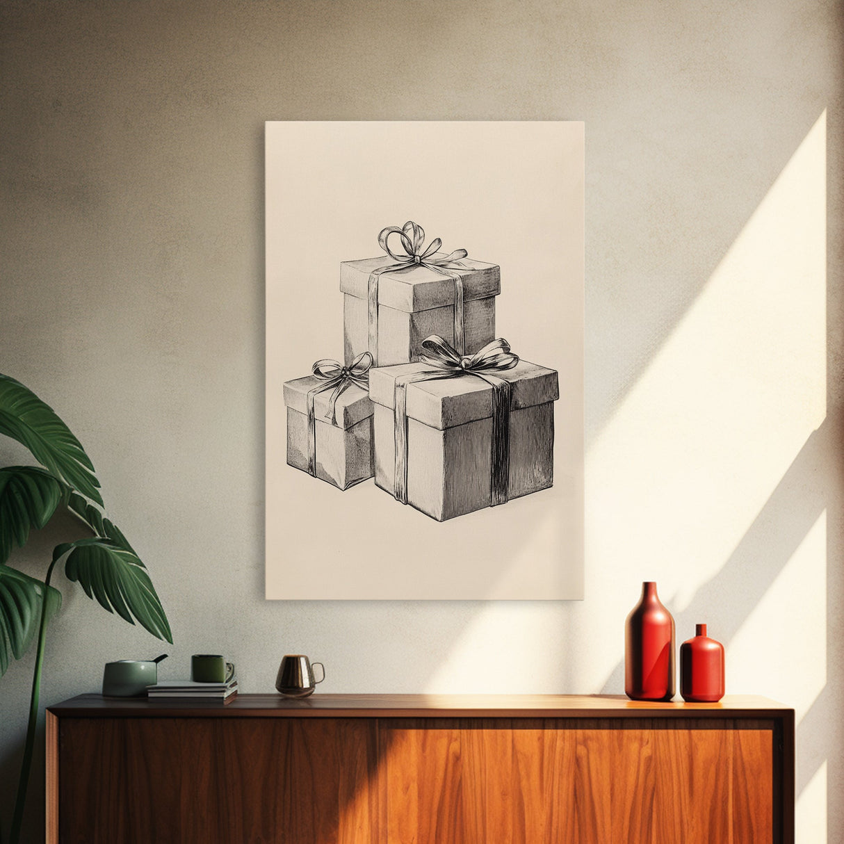 Sketch of Christmas Gifts Canvas Print - Framed Canvas - Minimalist Christmas Art - Boho Christmas Art - Rustic Christmas Art