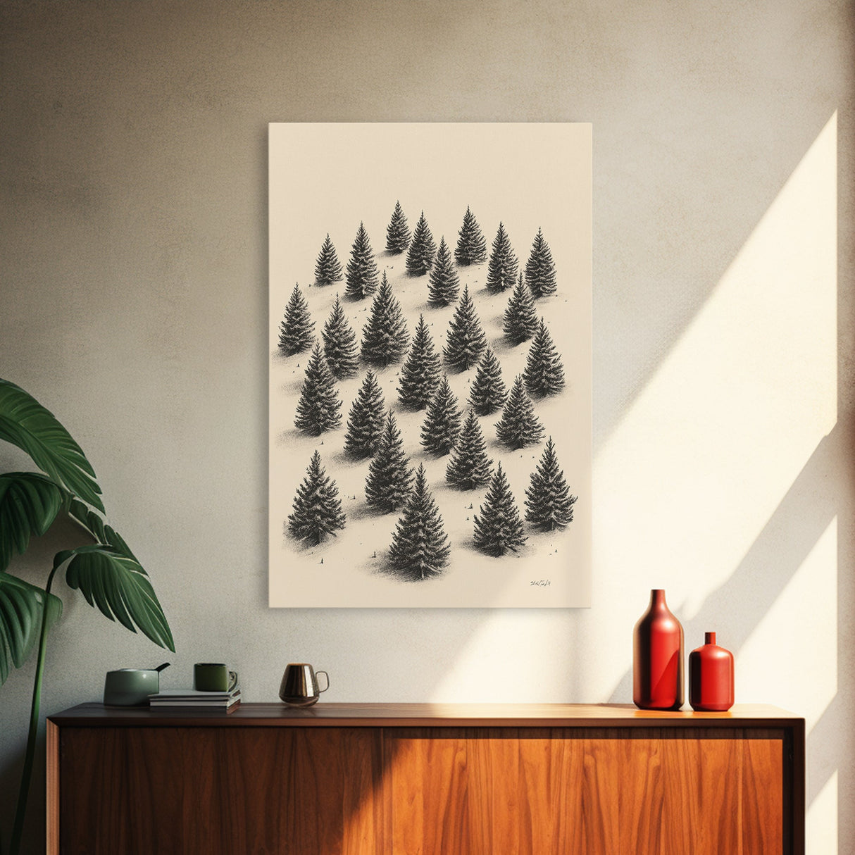 Sketch of a Christmas Tree Farm Canvas Print - Framed Canvas - Minimalist Christmas Art - Boho Christmas Art - Rustic Christmas Art
