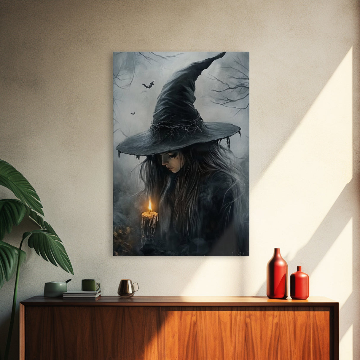Gothic Oil Painting Print of a Witch Holding a Candle, Gothic Dark Academia Wall Art, Halloween Decor, Goth Gift Idea