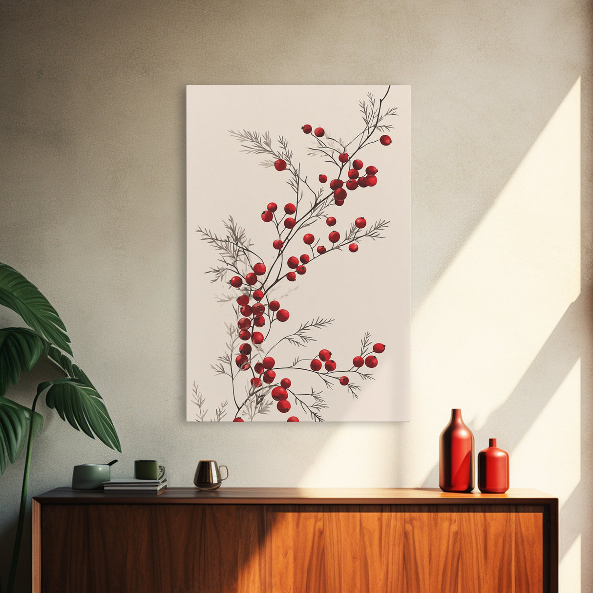 Holly Berries Canvas Print - Framed Canvas - Minimalist Christmas Art - Boho Christmas Art - Rustic Christmas Art