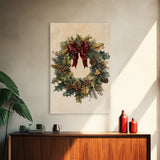 Vintage Christmas Wreath Canvas Print - Framed Canvas - Minimalist Christmas Art - Boho Christmas Art - Rustic Christmas Art