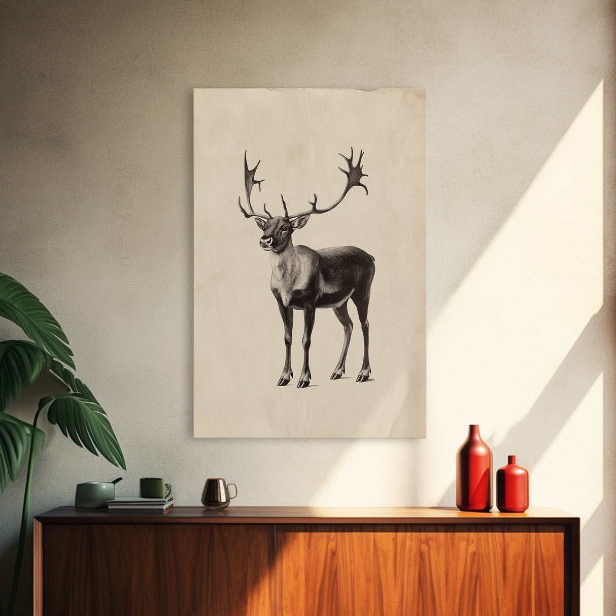 Reindeer Canvas Print - Framed Canvas - Minimalist Christmas Art - Boho Christmas Art - Rustic Christmas Art
