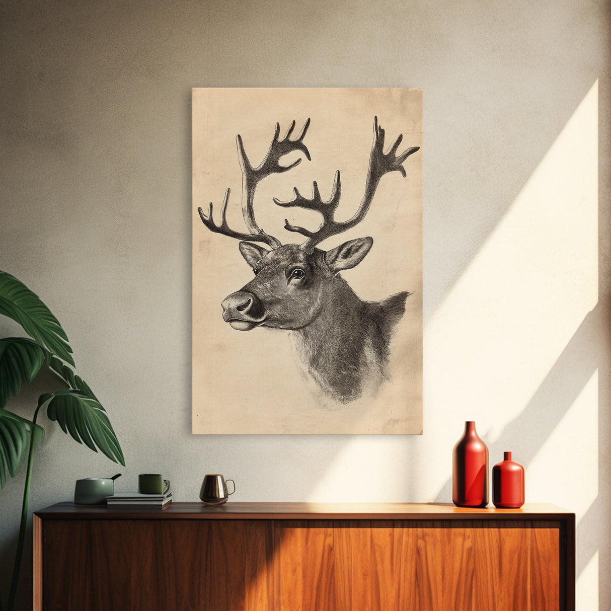 Christmas Reindeer Canvas Print - Framed Canvas - Minimalist Christmas Art - Boho Christmas Art - Rustic Christmas Art