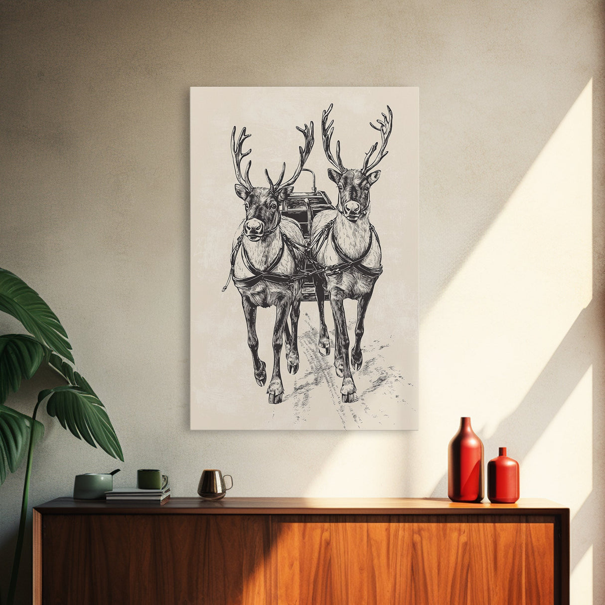 Santa's Sleigh Canvas Print - Framed Canvas - Minimalist Christmas Art - Boho Christmas Art - Rustic Christmas Art