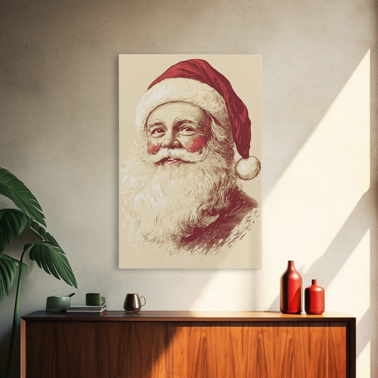 Sainta Clause Painting Canvas Print - Framed Canvas - Minimalist Christmas Art - Boho Christmas Art - Rustic Christmas Art