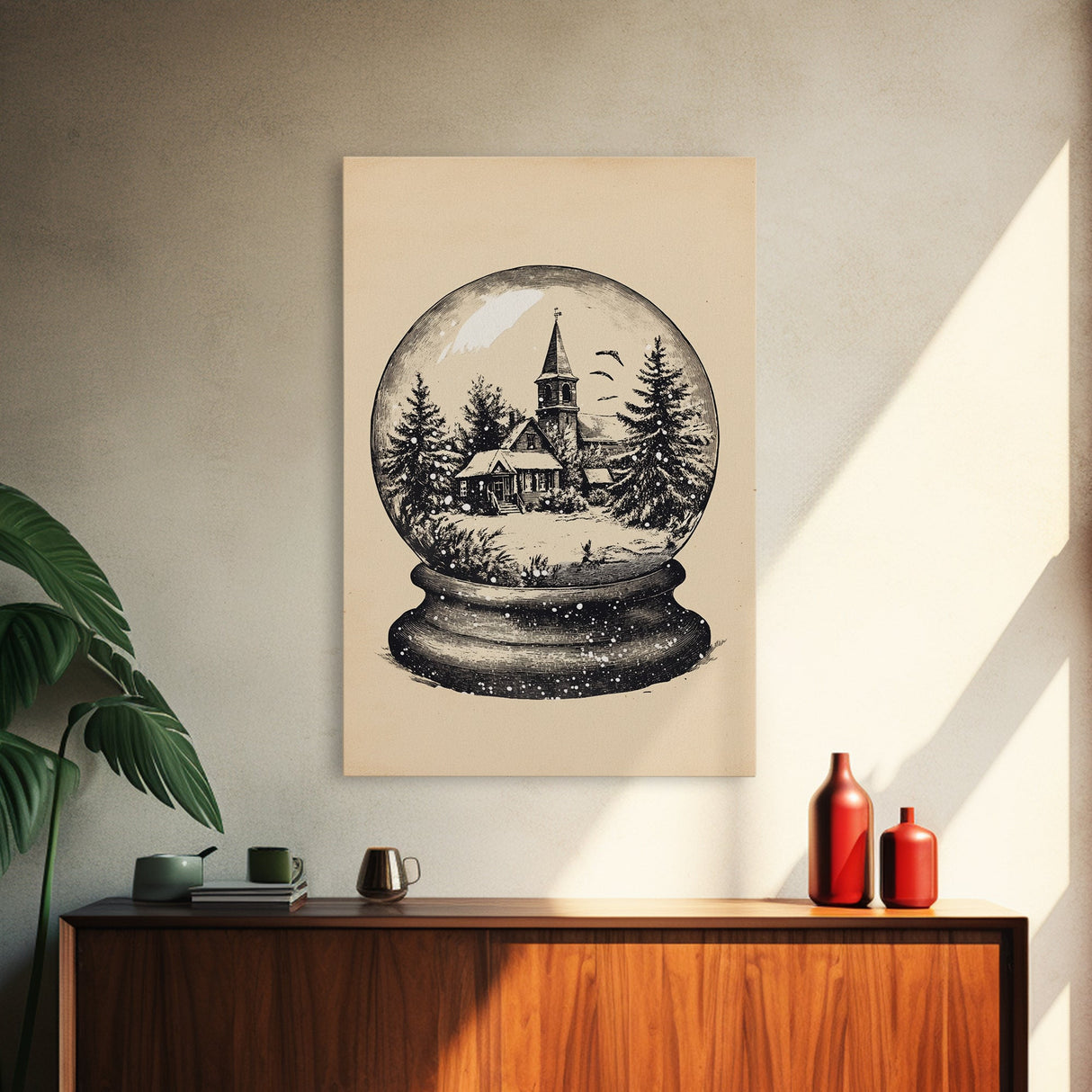 Retro Christmas Snowglobe Canvas Print - Framed Canvas - Minimalist Christmas Art - Boho Christmas Art - Rustic Christmas Art