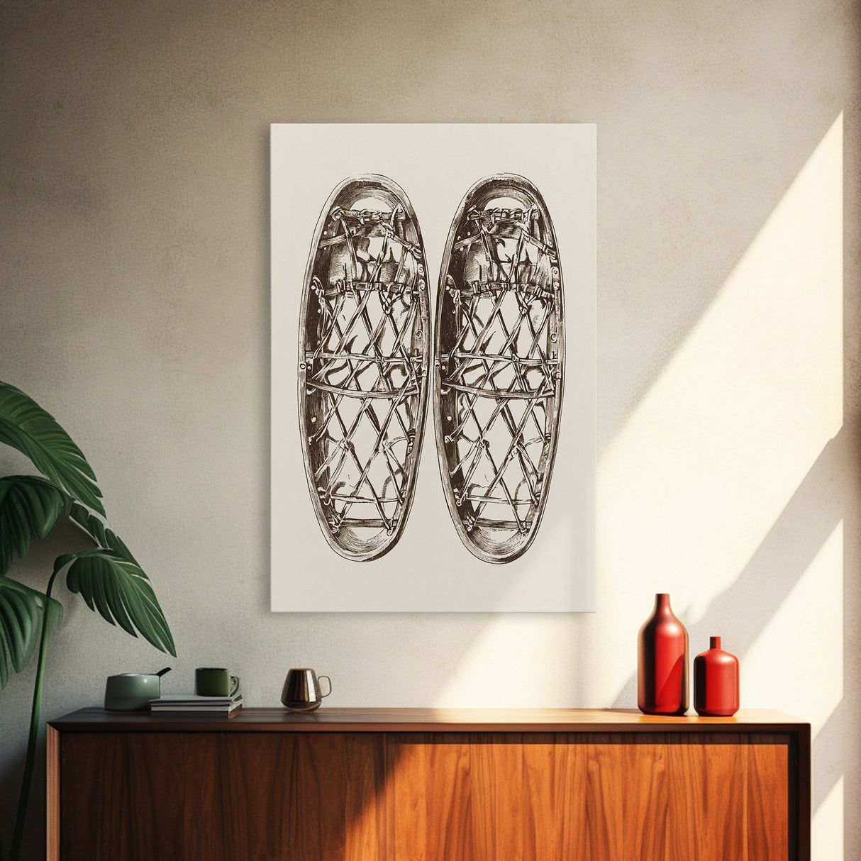 Vintage Snow Shoes Canvas Print - Framed Canvas - Minimalist Christmas Art - Boho Christmas Art - Rustic Christmas Art
