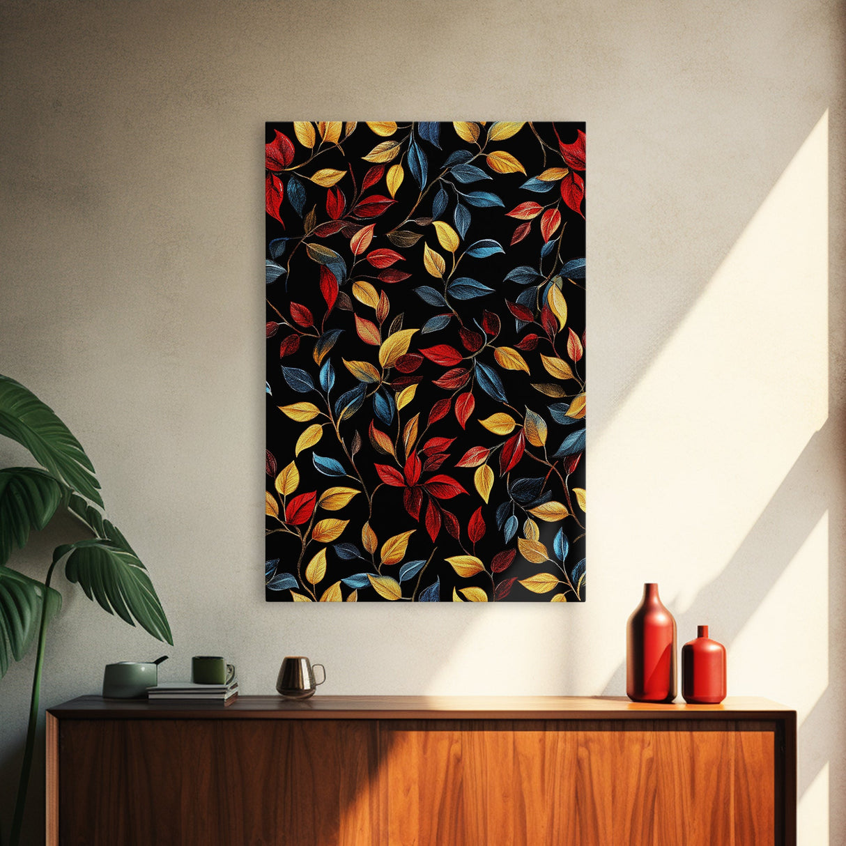 Botanical Fall Leaves Art Print On Canvas with Wood Frame, Black Background, Retro Style Home Decor