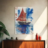 Japanese Sail Boat Watercolor Painting Print, Wood Framed Canvas Print, Wabi Sabi Nautical Wall Art, Lake House Art
