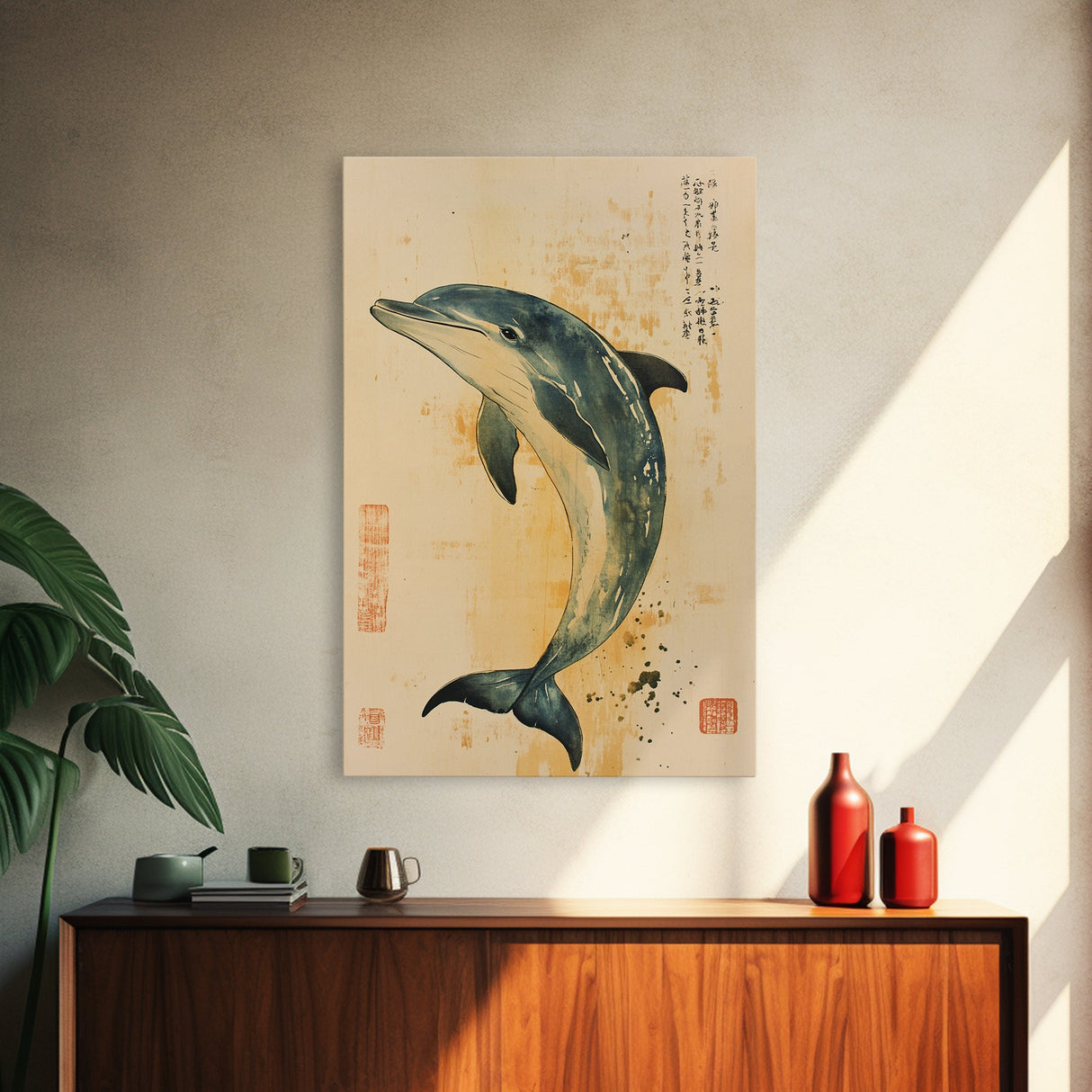 Japanese Style Dolphin Print, Nautical Decor, Framed Canvas Print, Dolphin Painting, Dolphin Art, Gift For Him, Office Art