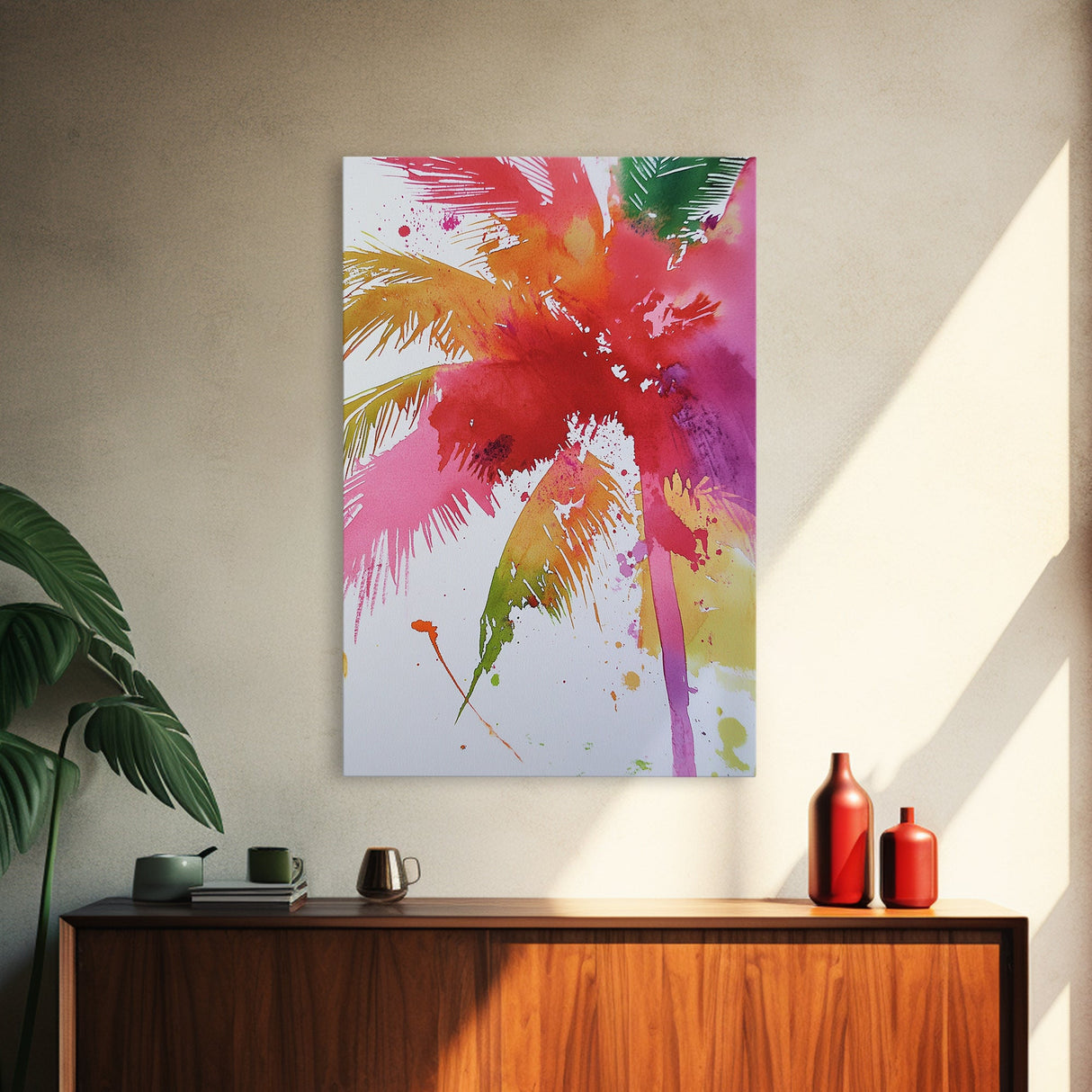 Retro Palm Tree Painting Print, Framed Canvas Print, Pop Art Palm Tree Painting Home Decor, 80s Style Synthwave Wall Art, Coastal Decor