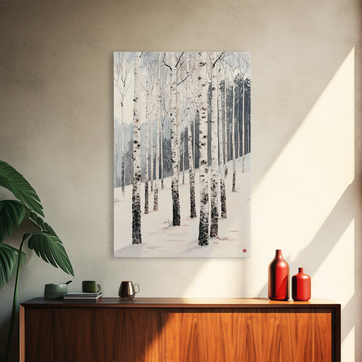 Winter Birch Tree Forest Framed Canvas Print, White Birch Trees In Winter Forest Landscape Art Print Minimalist Living Room Nature Wall Art