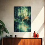 Young Deer Drinking Water In The Forest Painting Print, Wood Framed Canvas, Animal Prints, Nursery Decor, Framed Wall Art Home Decor